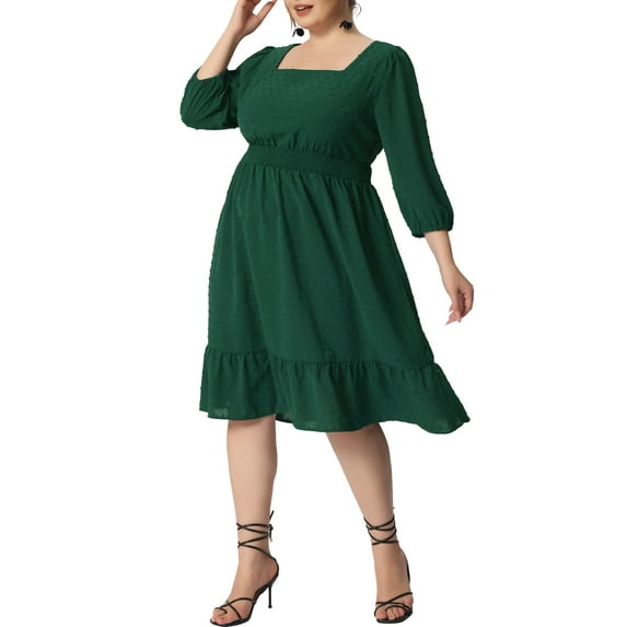 Agnes Orinda Women's Plus Size Smock Waist Swiss Dots 3/4 Sleeves Midi Dress 2X Green