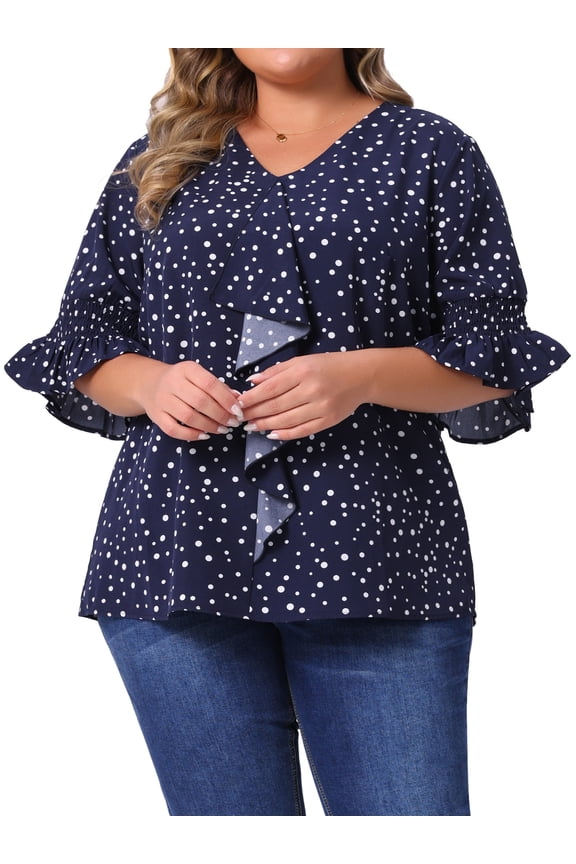 Women's Plus Size Blouse Ruffle Front Smocked Sleeves V Neck Solid Casual Tops 3X Dark Blue