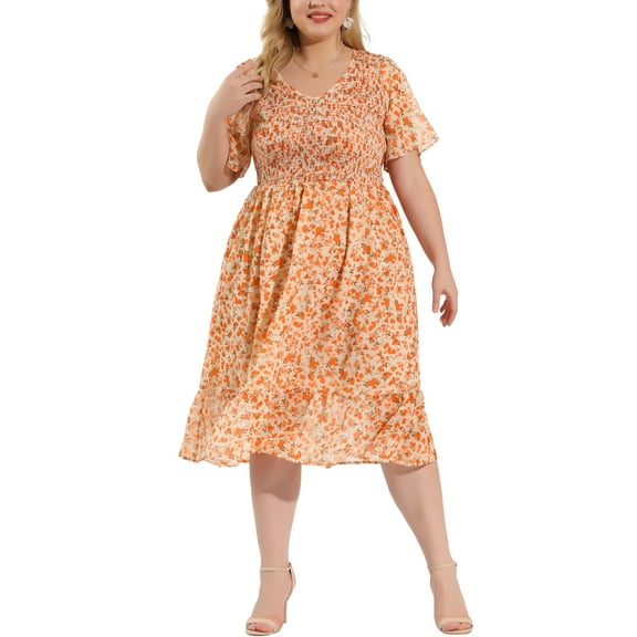 Agnes Orinda Women's Plus Size Clothes Smocked Floral Elegant Midi Flare Dresses 1X White