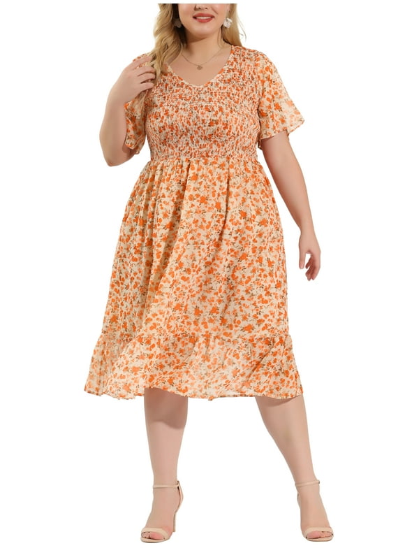 Women's Plus Size Clothes Smocked Floral Elegant Midi Flare Dresses 1X White