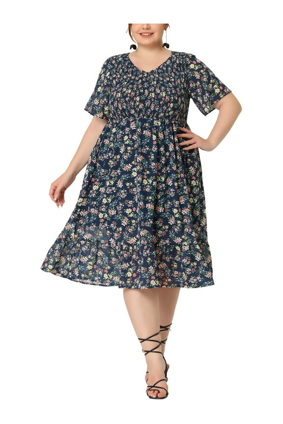 Women's Plus Size Easter Easter Dress Smocked Floral Elegant Summer Midi Flare Dresses 2X Blue
