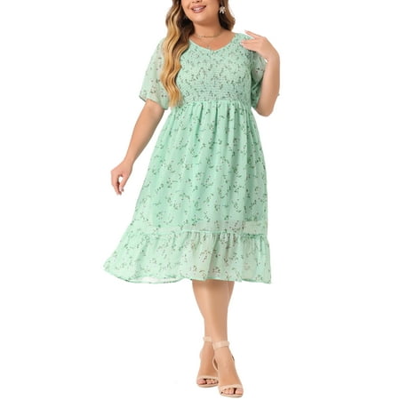 GRACE & GRANDEUR Women's Plus Size Floral Chiffon Midi Dress Smocked Empire Waist V-Neck Summer Sundress with Ruffled Hem 2X Light Green