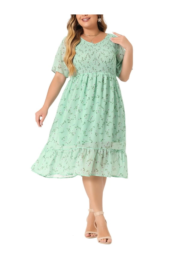 Women's Plus Size Easter Easter Dress Smocked Floral Elegant Summer Midi Flare Dresses 2X Light Green