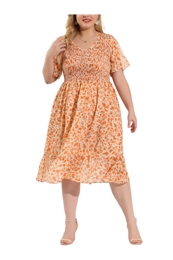 Women's Plus Size Dress Smocked Floral Elegant Summer Midi Flare Dresses 2X White