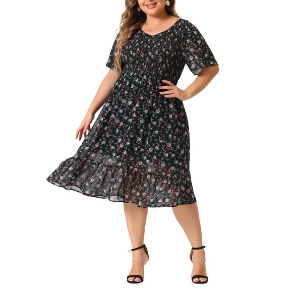 Agnes Orinda Women's Plus Size Clothes Smocked Floral Elegant Midi Flare Dresses 4X Black Pink