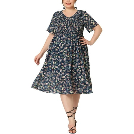 GRACE & GRANDEUR Women's Plus Size Dress Smocked Floral Elegant Summer Midi Flare Dresses 4X Blue