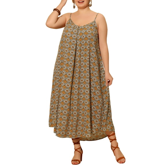 Agnes Orinda Women's Plus Size Spaghetti Straps Round Neck Bohemian Style Pattern Flowy Swing Casual Vacation Sundress 1X Brown