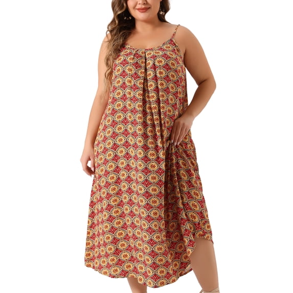 Agnes Orinda Women's Plus Size Spaghetti Straps Round Neck Bohemian Style Pattern Flowy Swing Casual Vacation Sundress 2X Red