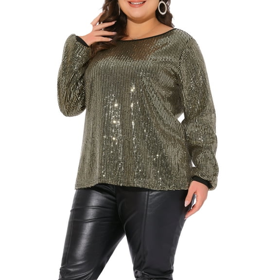 Agnes Orinda Women's Plus Size Sparkly Sequin Top Long Sleeve Glitter Concert Party Disco Shirt Blouse 1X Gold