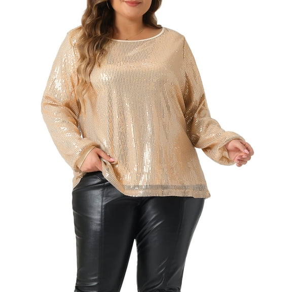 Agnes Orinda Women's Plus Size Sparkly Sequin Top Long Sleeve Glitter Concert Party Disco Shirt Blouse 2X Champagne