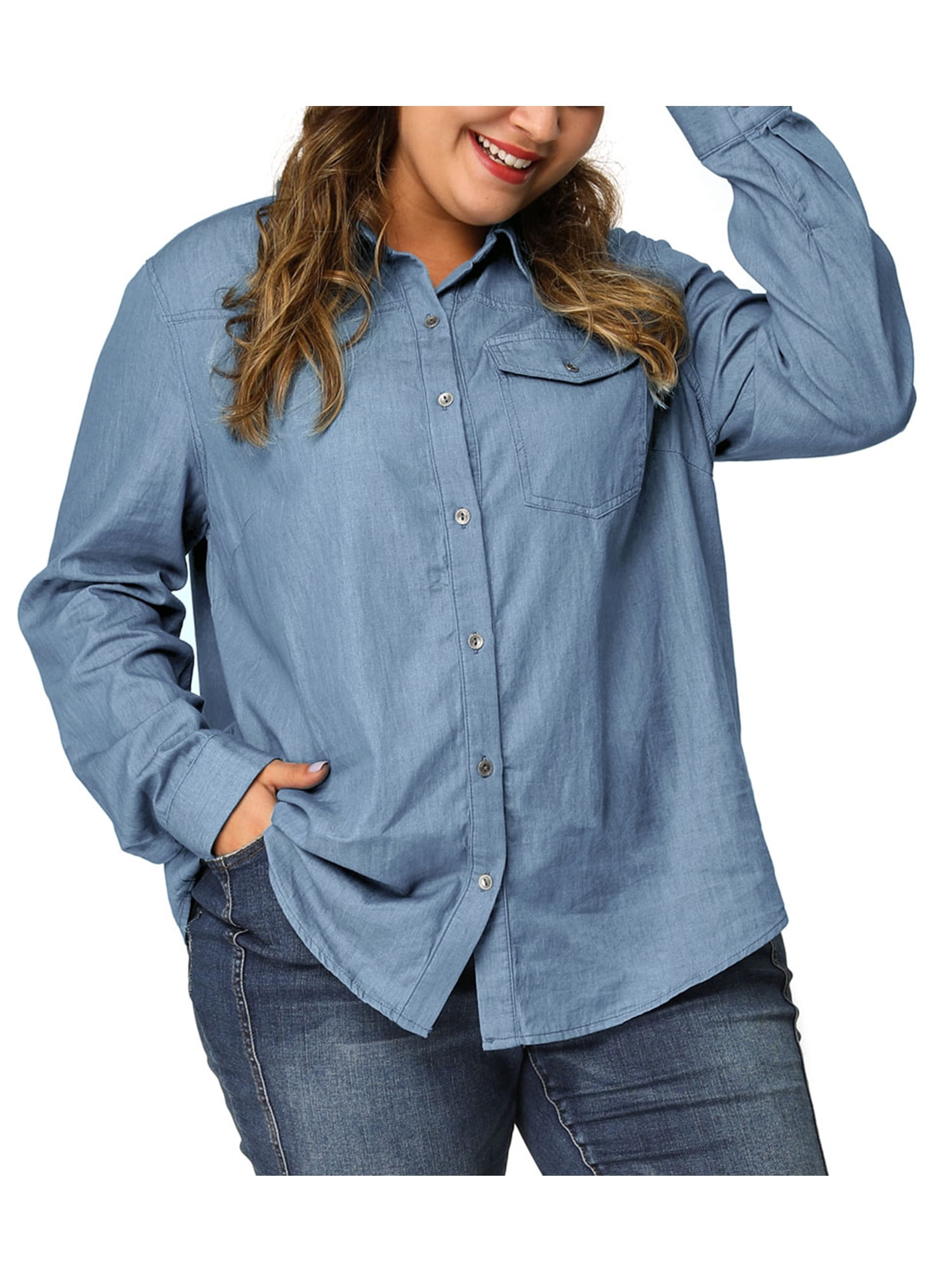 Agnes Orinda Women's Plus Size Spring Long Sleeve Denim Button Shirt ...