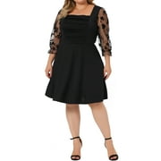 AGNES ORINDA Women's Plus Size Square Neck Sheer Long Sleeve Ruffle Flowy A-Line Midi Dress 1X Black