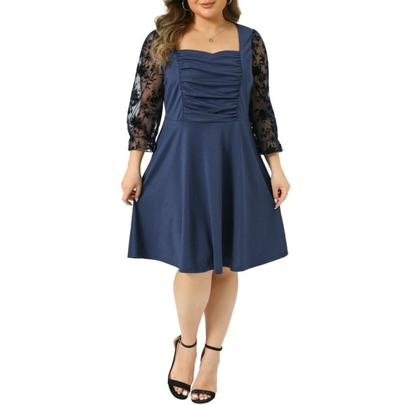 Agnes Orinda Women's Plus Size Valentines Day Square Neck Sheer Long Sleeve Ruffle Flowy A-Line Midi Dress 1X Dark Blue