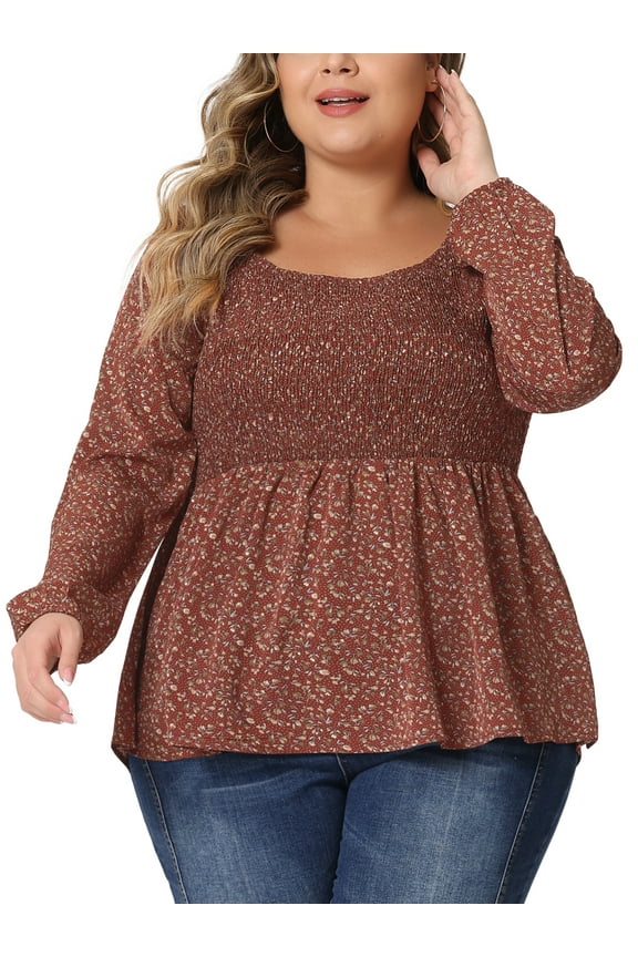 Women's Plus Size Square Neck Smock Waist Floral Peplum Blouse