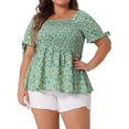 thumbnail image 1 of Plus Size Summer Tops for Women Square Neck Smocked Bow Tie Short Sleeve Peplum Blouse 1X Green, 1 of 6