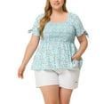 thumbnail image 1 of Plus Size Summer Tops for Women Square Neck Smocked Bow Tie Short Sleeve Peplum Blouse 1X Light Blue, 1 of 6
