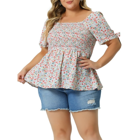 Plus Size Summer Tops for Women Square Neck Smocked Bow Tie Short Sleeve Peplum Blouse 1X Pink