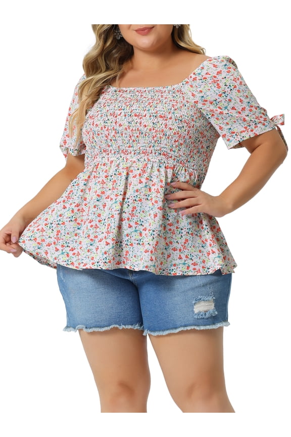 Plus Size Summer Tops for Women Square Neck Smocked Bow Tie Short Sleeve Peplum Blouse 2X Pink