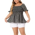 thumbnail image 1 of Plus Size Summer Tops for Women Square Neck Smocked Bow Tie Short Sleeve Peplum Blouse 3X Black Purple, 1 of 5