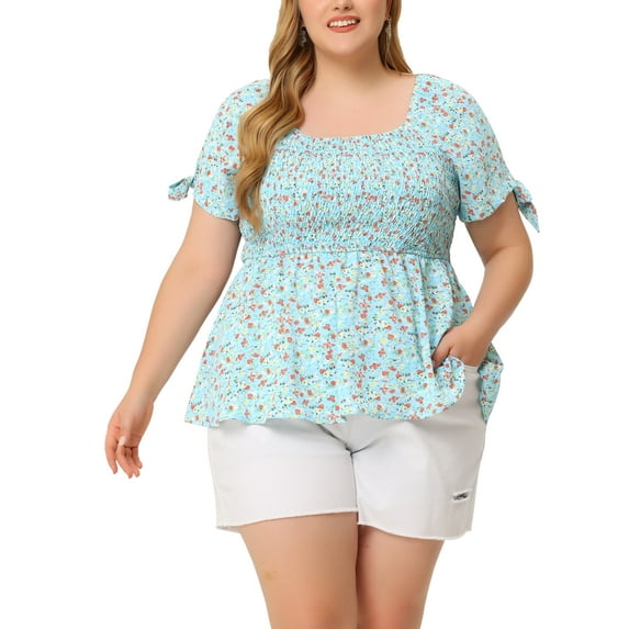 Plus Size Summer Tops for Women Square Neck Smocked Bow Tie Short Sleeve Peplum Blouse 3X Light Blue