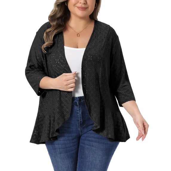 Agnes Orinda Women's Plus Size St. Patrick's Day Cardigans Ruffle Open Front 3/4 Sleeve Eyelet Netted Knit Casual Cover Up 1X Black