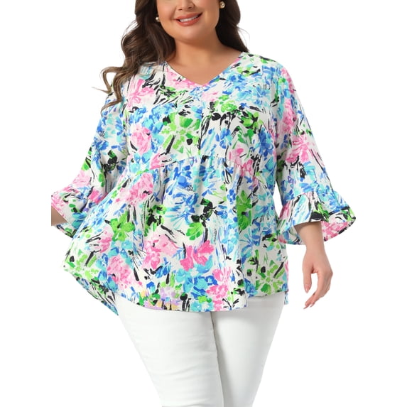 Agnes Orinda Women's Plus Size St. Patrick's Day Floral Blouses V Neck Ruffle 3/4 Sleeves Babydoll Peplum Tops 2X Pink Blue
