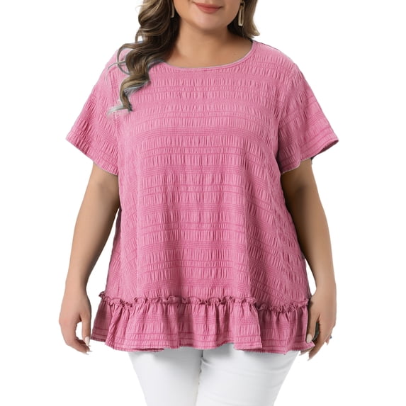 Agnes Orinda Women's Plus Size School College St. Patrick's Day Tops Layered Hem Crew Neck Short Sleeve Shirts Flowy Summer Casual Blouse 4X Pink