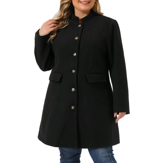 Agnes Orinda Women's Plus Size Coat Stand Collar Pockets Single Breasted Jacket Fall Winter Coat 1X Black