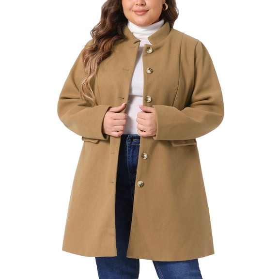 Agnes Orinda Women's Plus Size Coat Stand Collar Pockets Single Breasted Jacket Fall Winter Coat 2X Camel