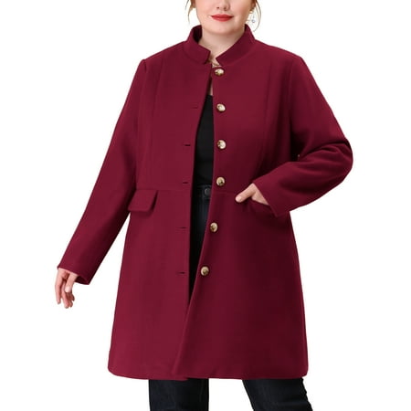 Agnes Orinda Women's Plus Size Coat Stand Collar Pockets Single Breasted Jacket Fall Winter Coat 2X Red