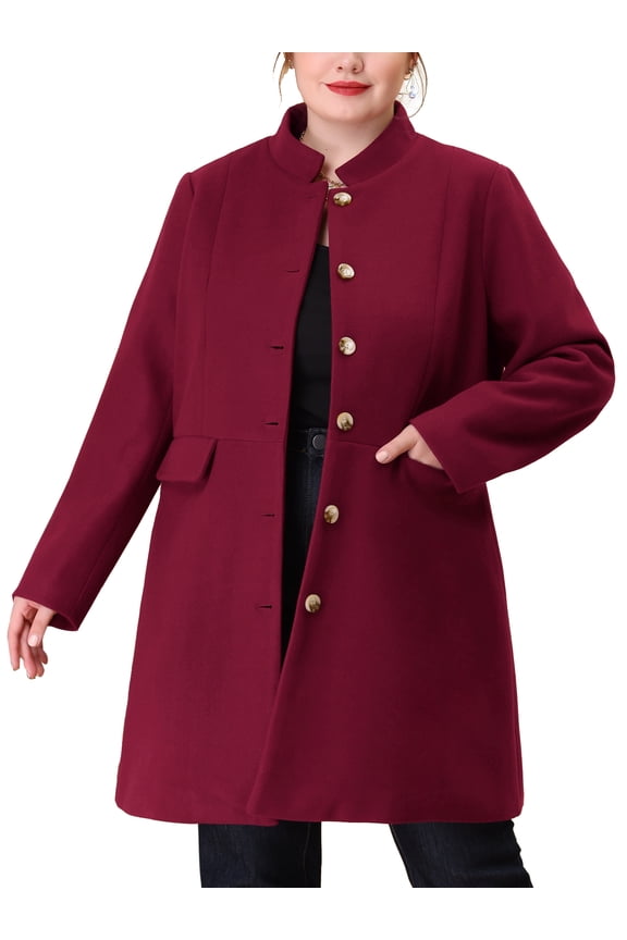 Women's Plus Size Coat Stand Collar Pockets Single Breasted Jacket Fall Winter Coat 3X Red
