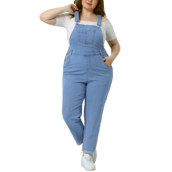 Agnes Orinda Women's Plus Size Stretch Adjustable Strap Bib Denim Summer Fashion Jumpsuits 2X Light Blue