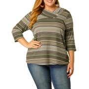 AGNES ORINDA Plus Size Tops for Women 3/4 Sleeve Knit Striped Dressy Casual Blouse Asymmetric Neck Fashion t Shirt 1X Green