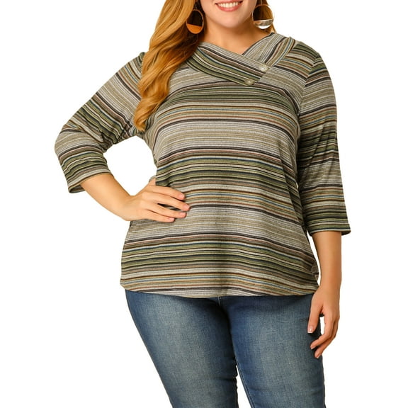 Plus Size Tops for Women 3/4 Sleeve Knit Striped Dressy Casual Blouse Asymmetric Neck Fashion t Shirt 1X Green