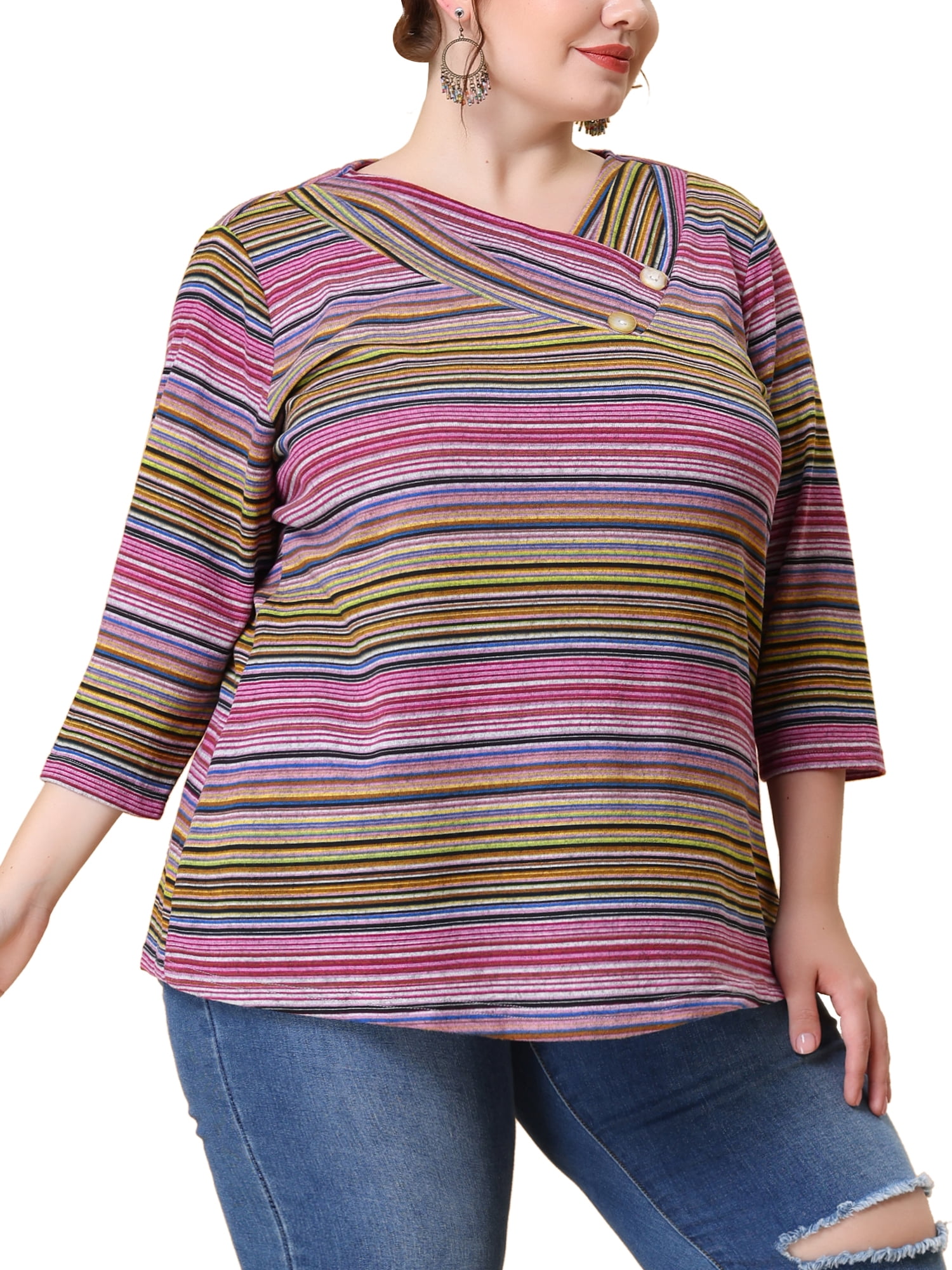 Women Plus Size Top 3/4 Sleeve Knit Striped Boho Asymmetric Neck T-Shirt Blouse main image 0