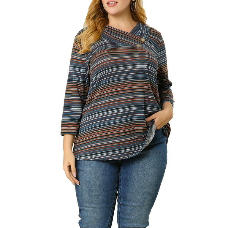 Agnes Orinda Women's Plus Size Stripe Knitted Boho 3/4 Sleeve V Neck Top 