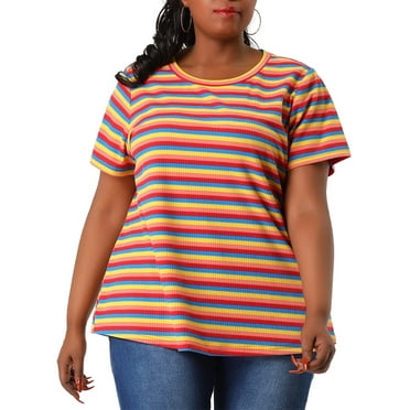 Agnes Orinda Women's Plus Size T-Shirt Short Sleeve Crew Neck Rainbows Stripe Top 2X Rainbow