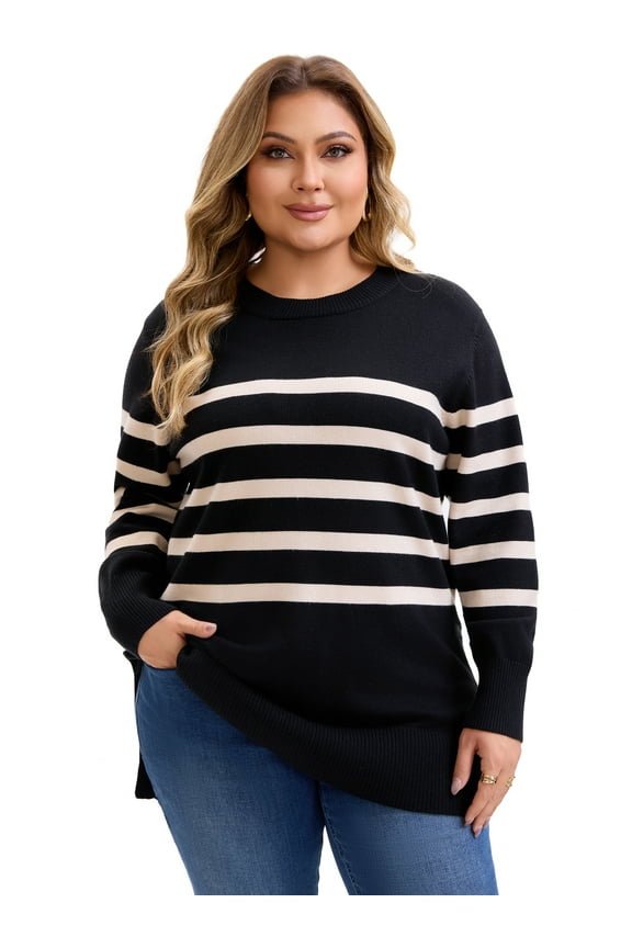 Women's Plus Size Striped Sweaters Crew Neck Long Sleeve Side Slits Cozy Knit Casual Pullover Sweater 1X Black