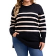 thumbnail image 1 of GRACE & GRANDEUR Women's Plus Size Striped Pullover Sweater Long Sleeve Crew Neck Knit Top with Side Slits 1X Black, 1 of 8