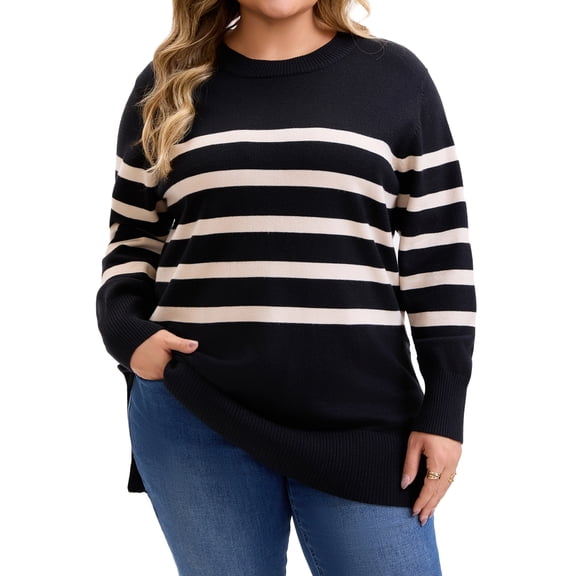 GRACE & GRANDEUR Women's Plus Size Striped Pullover Sweater Long Sleeve Crew Neck Knit Top with Side Slits 1X Black
