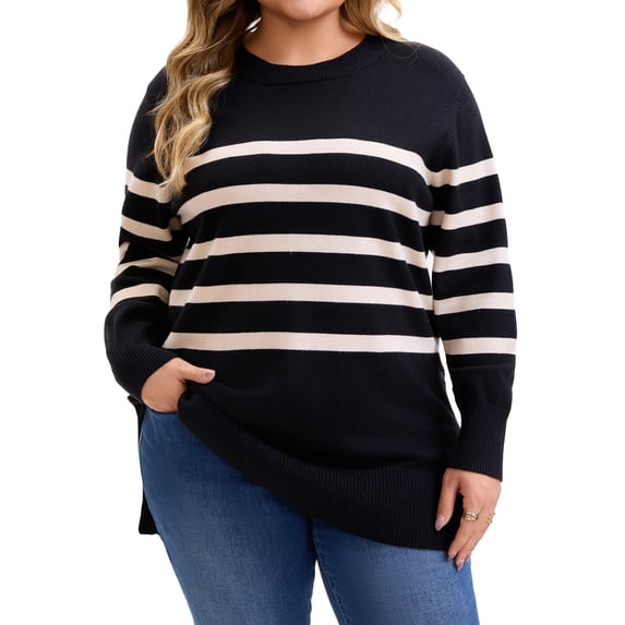 GRACE & GRANDEUR Women's Plus Size Striped Pullover Sweater Long Sleeve Crew Neck Knit Top with Side Slits 1X Black