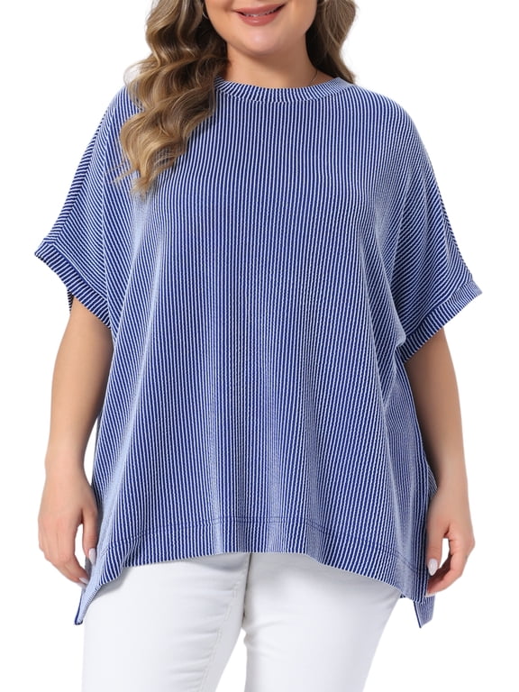 Women's Plus Size Striped Tops Crew Neck Short Sleeve Shirts Side Slit Summer Casual Blouse 2X Blue