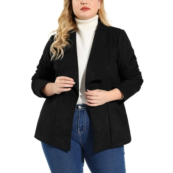 Agnes Orinda Women's Plus Size Suede Jackets Lapel Drop Shoulder Long Sleeves Open Front Jacket 4X Black