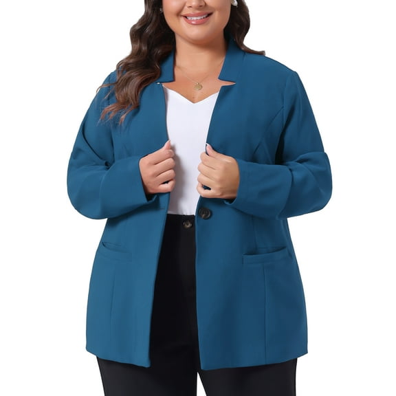 Agnes Orinda Women's Plus Size Suit Blazer Wear-to-Work Button Long Sleeve Blazers Jackets 3X Lake Blue
