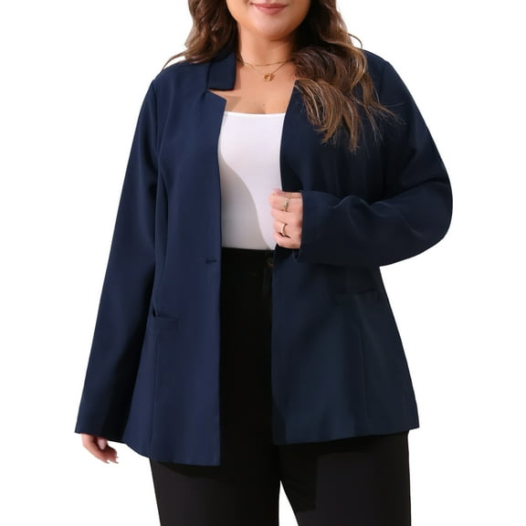 Agnes Orinda Women's Plus Size Suit Blazer Wear-to-Work Button Long Sleeve Blazers Jackets 4X Navy Blue