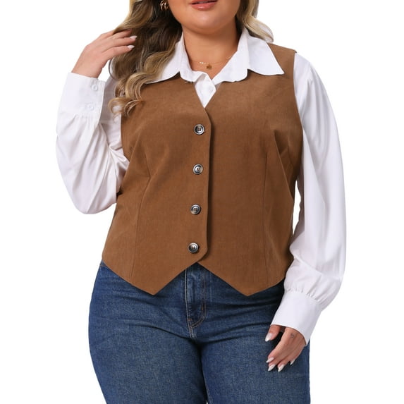 Agnes Orinda Women's Plus Size Suit Vest Corduroy Lined Waistcoat V Neck Sleeveless Jacket Outerwear Work Blazer with Button 1X Brown
