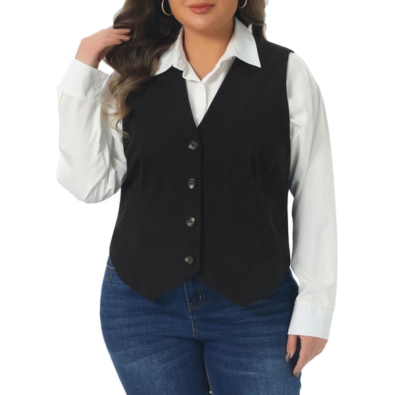 Agnes Orinda Women's Plus Size Suit Vest Corduroy Lined Waistcoat V Neck Sleeveless Jacket Outerwear Work Blazer with Button 4X Black