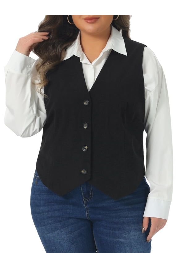 Women's Plus Size Suit Vest Corduroy Lined Waistcoat V Neck Sleeveless Jacket Outerwear Work Blazer with Button 4X Black