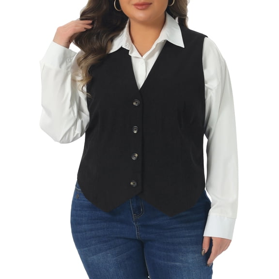 Agnes Orinda Women's Plus Size Suit Vest Corduroy Lined Waistcoat V Neck Sleeveless Jacket Outerwear Work Blazer with Button 4X Black