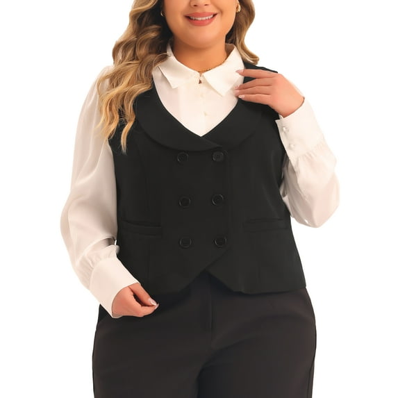 Agnes Orinda Women's Plus Size Suit Vest Double Breasted Vintage Lapel Collar Dressy Waistcoat Vest with 2 Pockets 1X Black